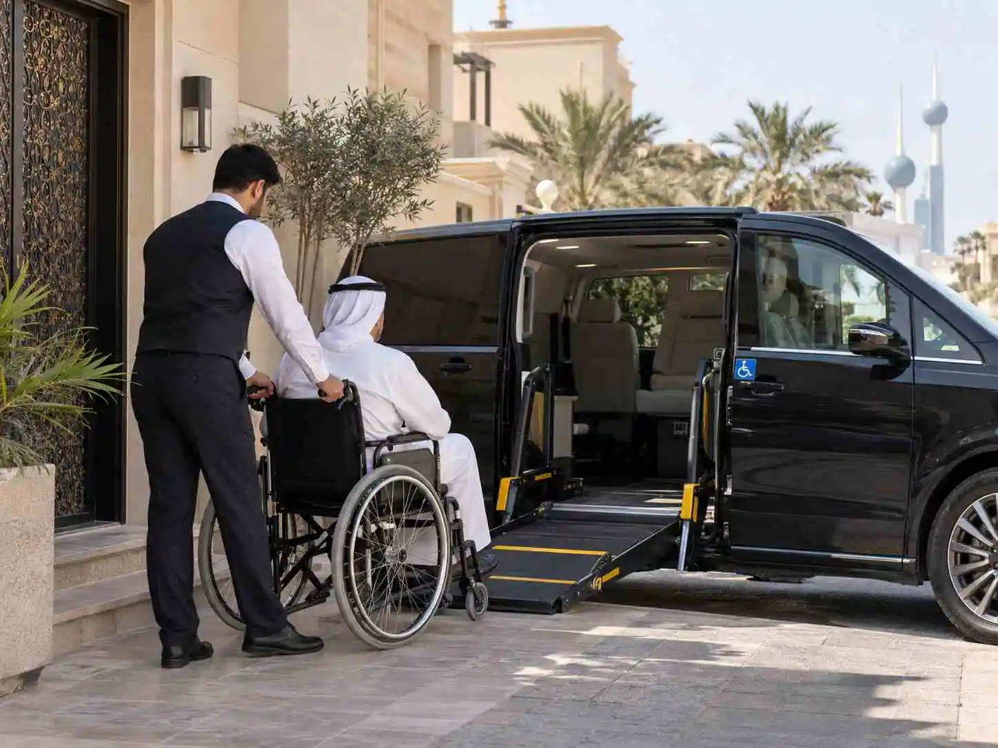نقل ذوي الاحتياجات الخاصة في الكويت — سيارة مجهزة من السور